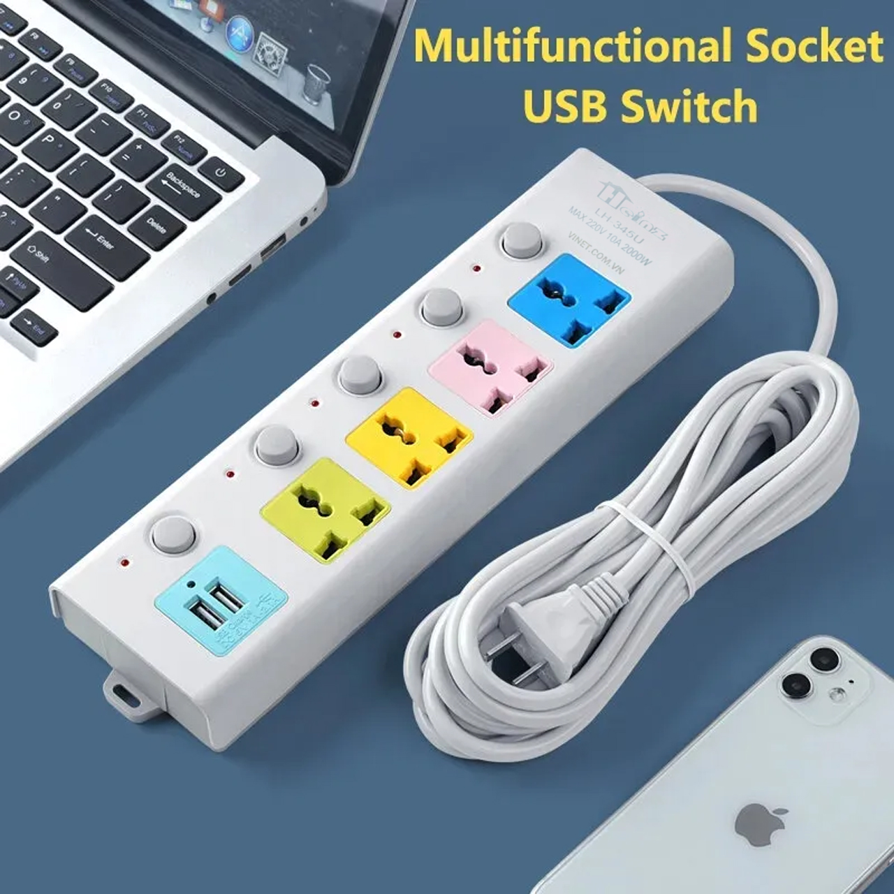 Ổ cắm điện đa năng 7 cổng cắm 2 cổng usb dây cáp dày dặn chất lượng cao - hàng chính hãng Vinetteam