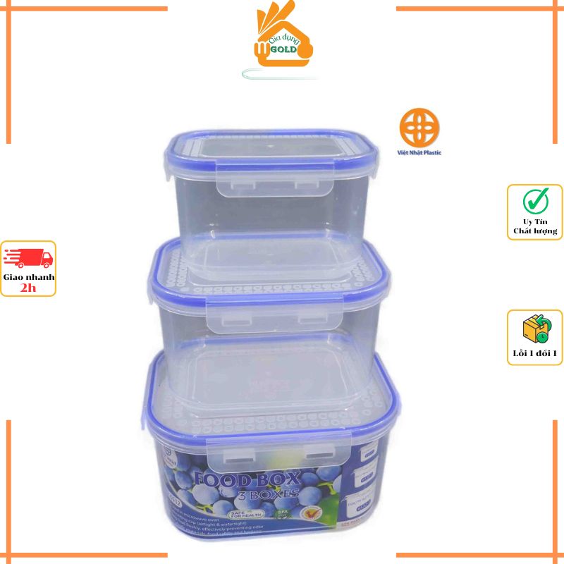 Bộ 3 Hộp Đựng Thực Phẩm Cao Cấp Việt Nhật Mã 6532 Bảo Quản Thực Phẩm Trong Tủ Lạnh Nắp Đậy Có Ron Chống Tràn, Chống Đổ