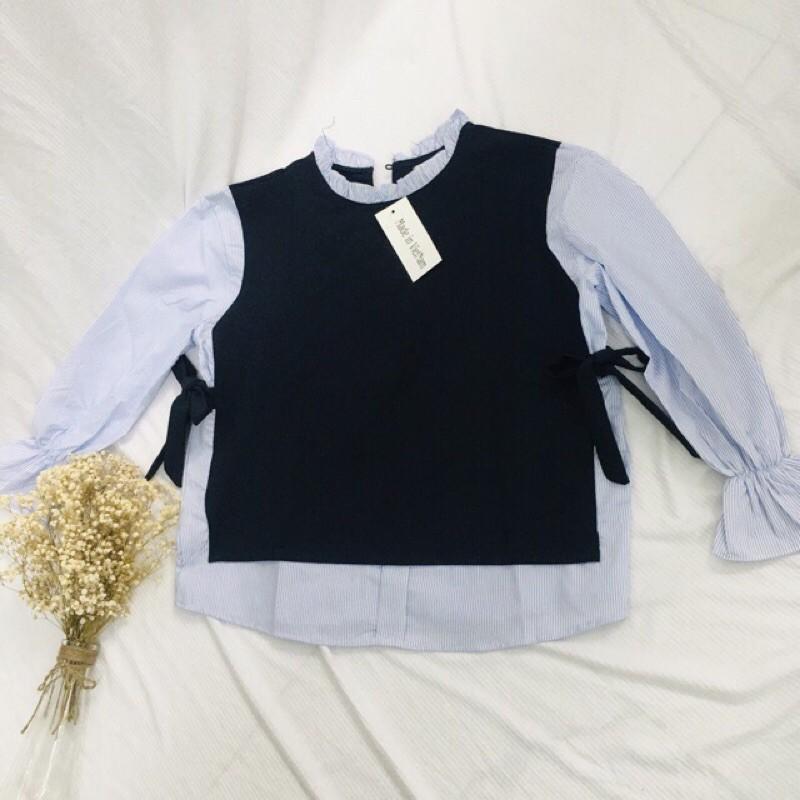Áo babydoll xanh đen phối soc cột nơ FREESIZE