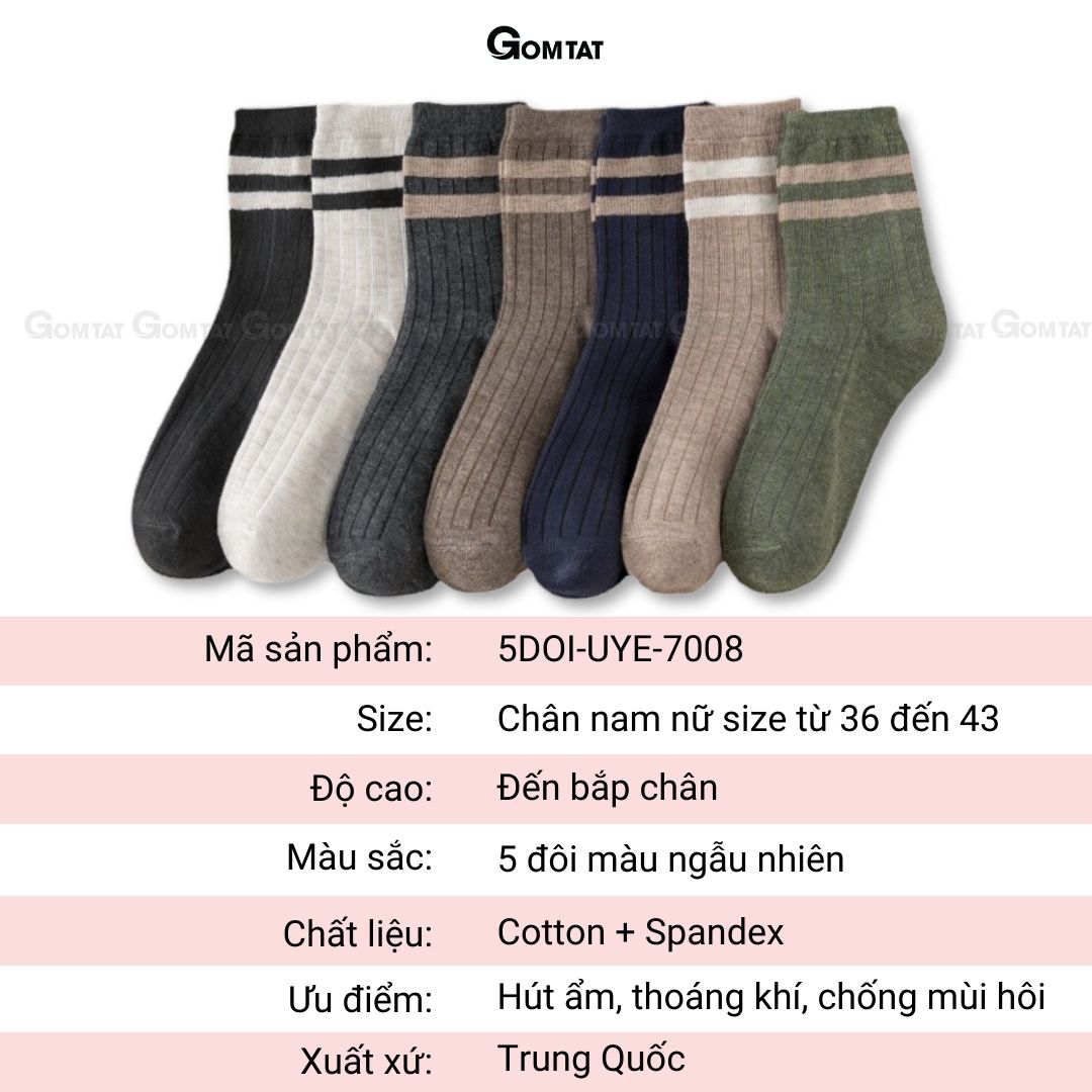 Set 5 đôi tất cao cổ nam nữ mẫu 2 sọc ngang, vớ nam nữ cổ cao chất liệu cotton hút ẩm, thoáng khí - 5DOI-UYE-7008