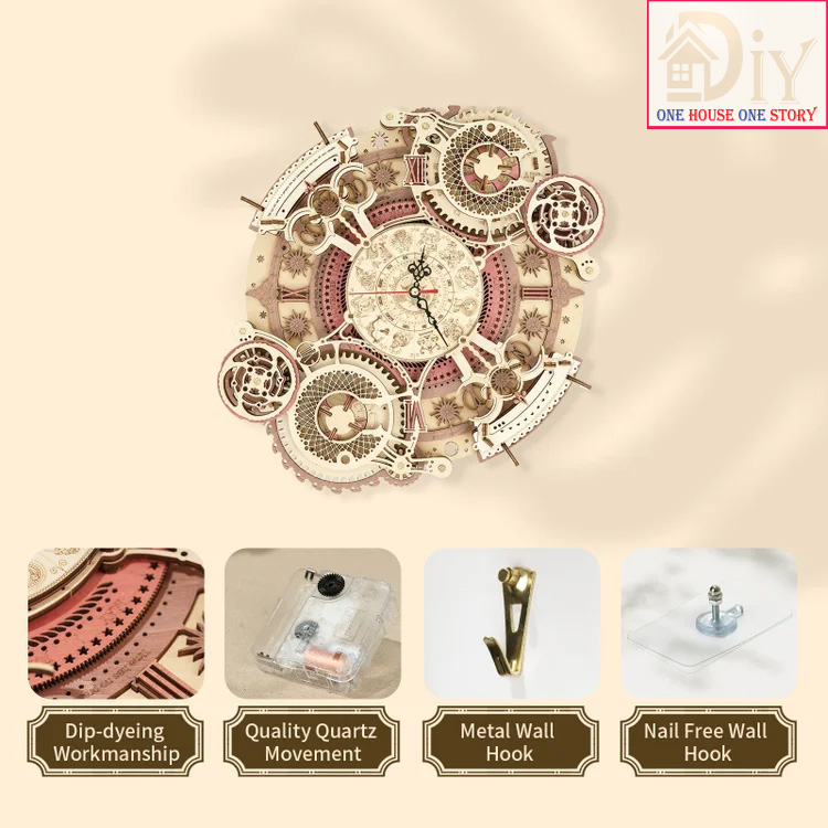 Mô hình gỗ lắp ghép Robotime ROKR Đồng hồ Cung Hoàng Đạo Zodiac Wall Clock Mechanical Time Art Engine LC601