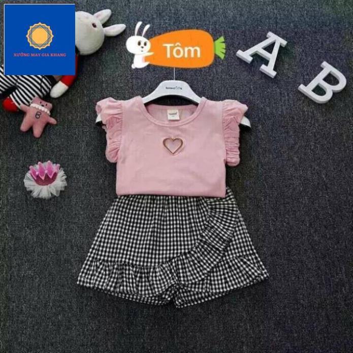 Áo thun cotton thêu trái tim + váy quần caro kate cho bé gái mặc dạo phố, shopping - Gia Khang