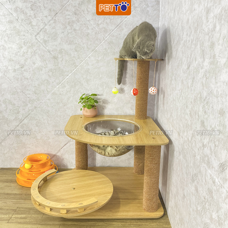 Trụ cào móng cho mèo bằng gỗ kèm lồng kính xinh xắn CT044