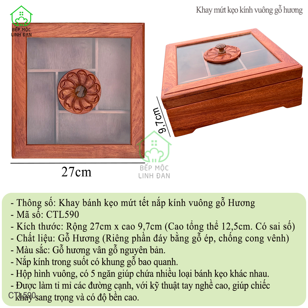 Khay gỗ Hương đựng bánh kẹo, mứt Tết - Hình vuông nắp kính cỡ lớn, mẫu mới nhất - CTL590