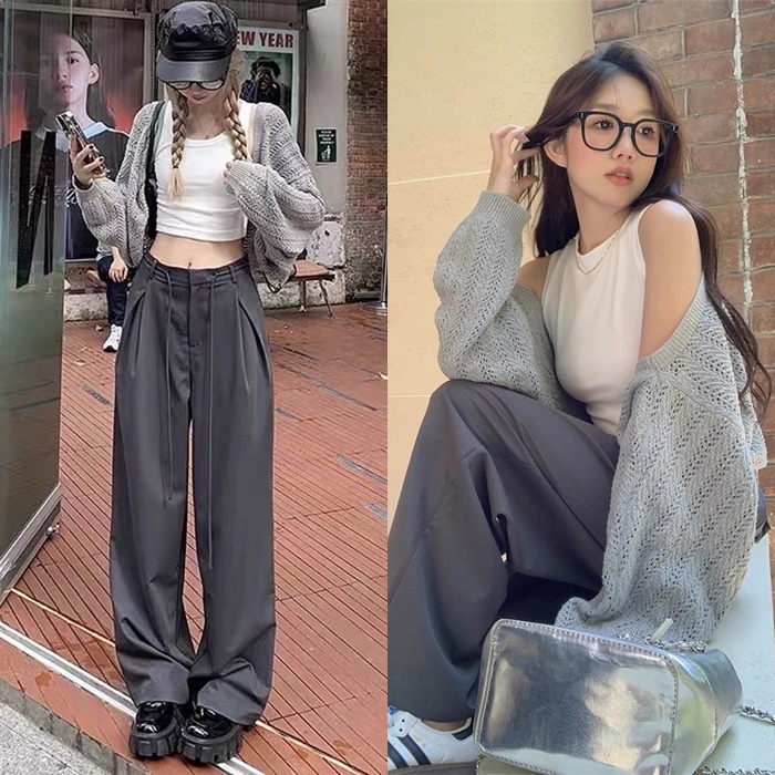 SET QUẦN DÀI ỐNG RỘNG LƯNG CAO SUÔNG TRƠN + ÁO KHOÁC LƯỚI LỬNG CARDIGAN TAY DÀI + ÁO CROPTOP 3 LỖ DẠO PHỐ ĐI CHƠI ĐI BIỂN ĐI TIỆC