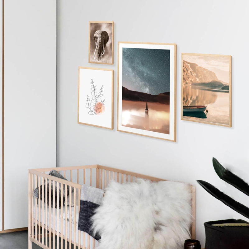 Tranh trang trí khung kính gỗ sồi treo tường cao cấp "Thuyền bên sông" 30×42 cm