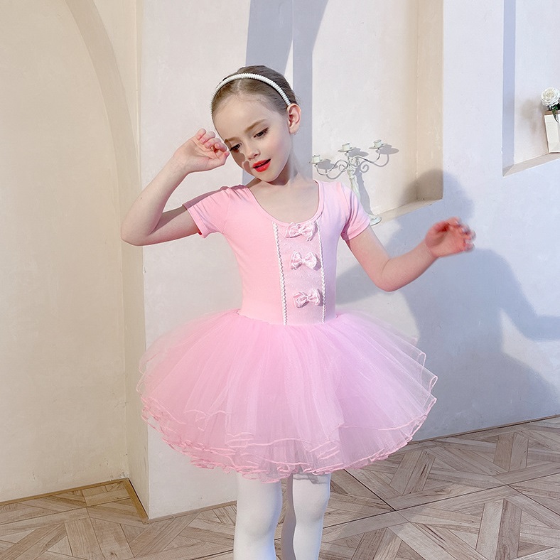 Đầm múa ballet cao cấp - Mẫu áo liền váy 3 nơ hồng, tay ngắn