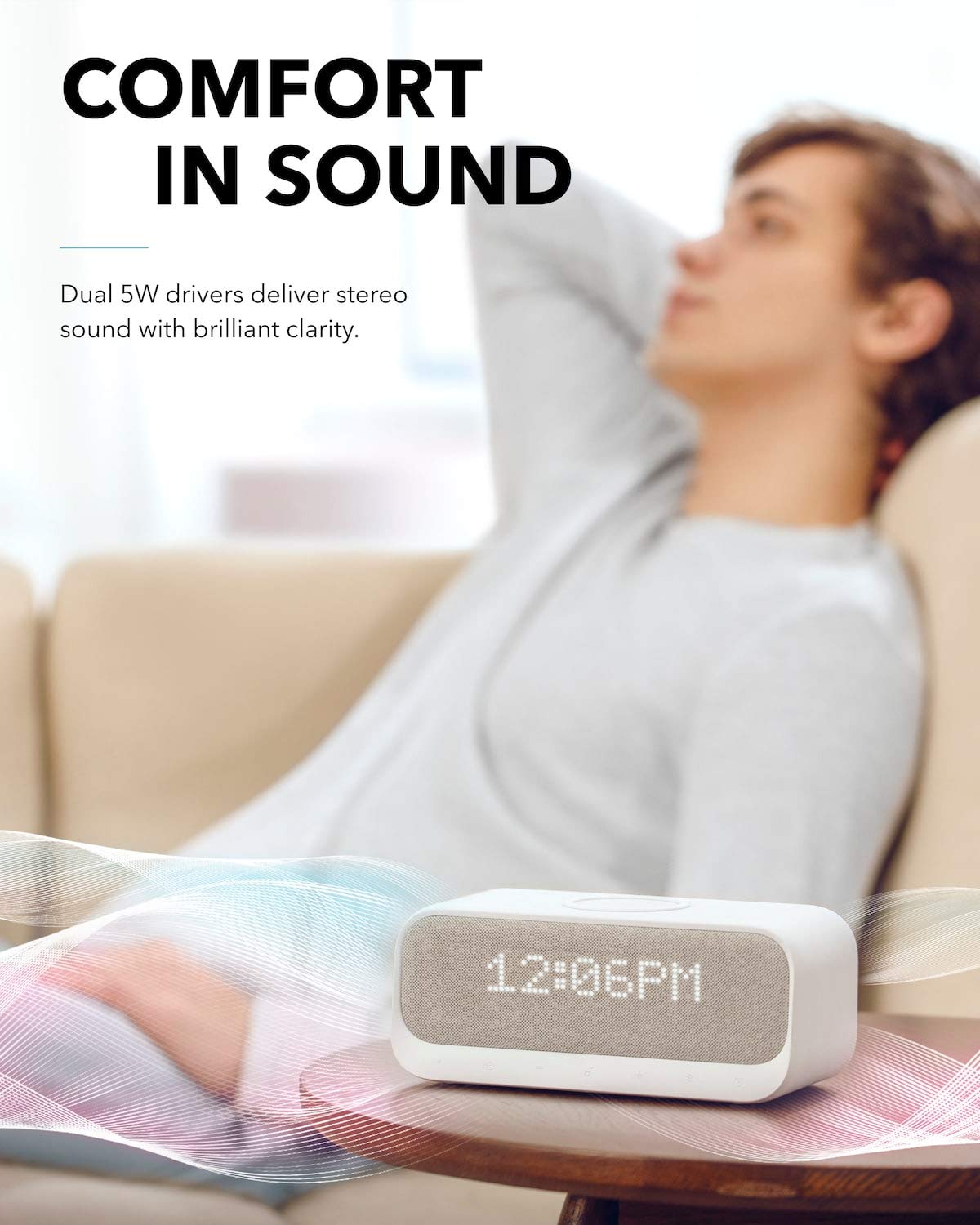 Loa bluetooth SOUNDCORE Wakey (by Anker) 10W kiêm Sạc nhanh không dây và Đồng hồ báo thức - A3300