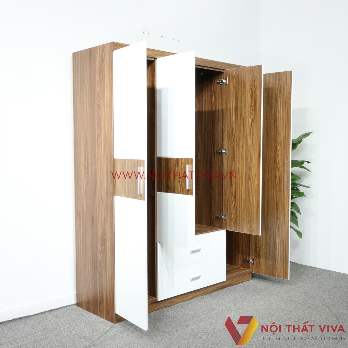 Tủ Áo 4 Cánh Gỗ MDF Melamine Màu Óc Chó Sơn Trắng Cao Cấp