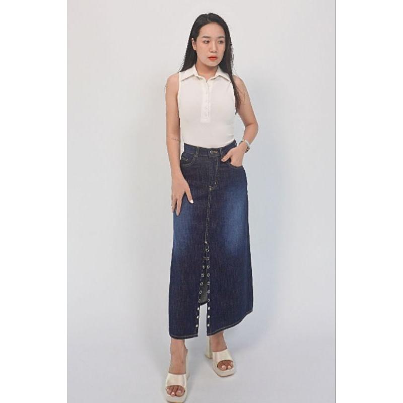Chân váy jean dài V3, váy bò rộng bụng phong cách, váy jean dáng dài cạp cao thanh lịch thương hiệu Samma Jeans