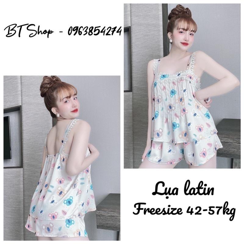 Đồ bộ ngủ mặc nhà lụa latin hoạ tiết phối ren quần đùi freesize 42-57kg