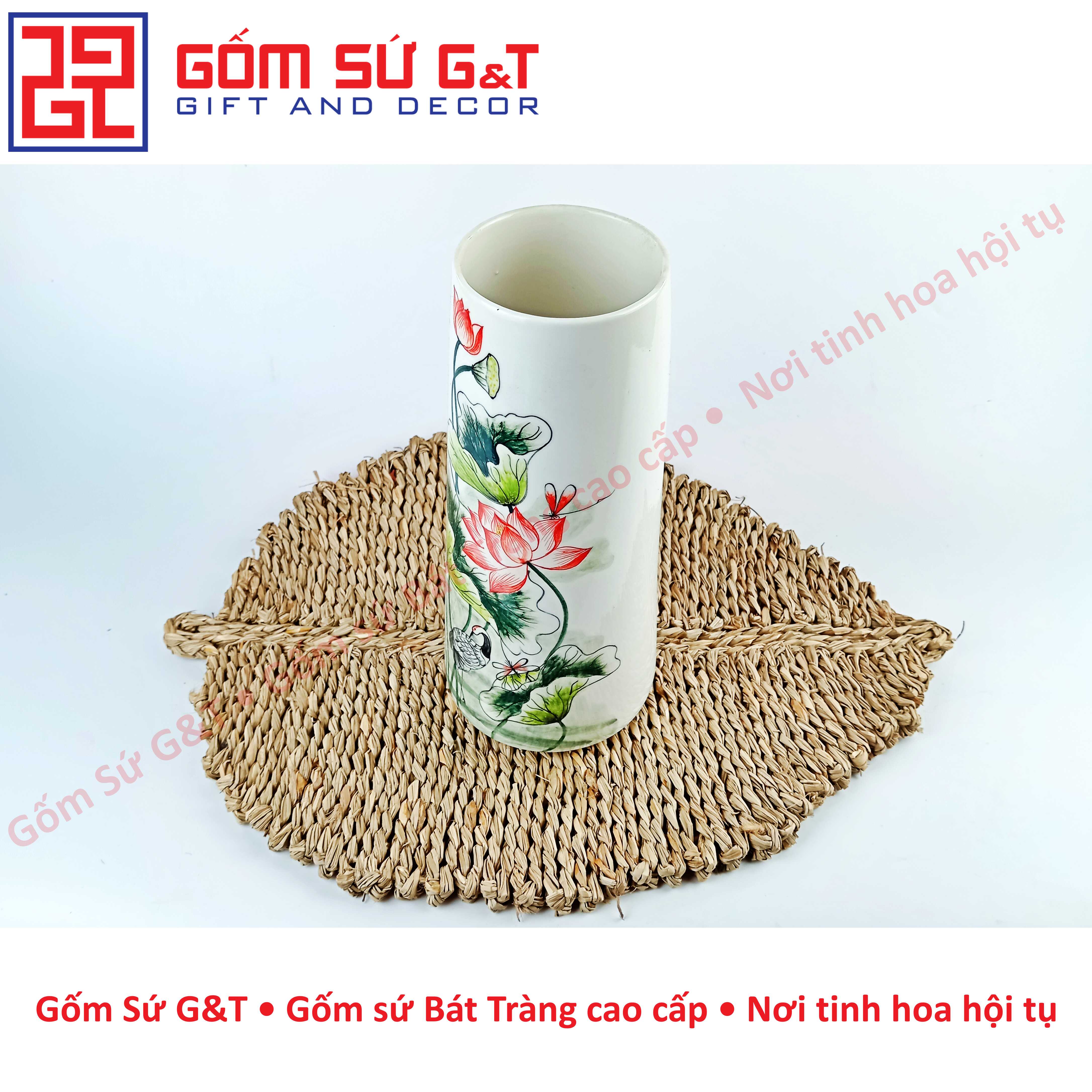 Lọ hoa dáng ống vẽ sen hạc Gốm Sứ G&amp;T