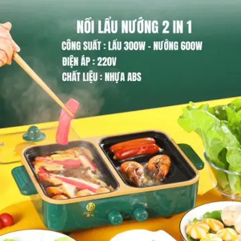 Bếp Lẩu Nướng 2in1 Shanban Cao Cấp, Nổi Lẩu Nướng 2 Ngăn Tráng Men Chống Dính, 2 Núm Điều Chỉnh Nhiệt Độ Tiện Lợi