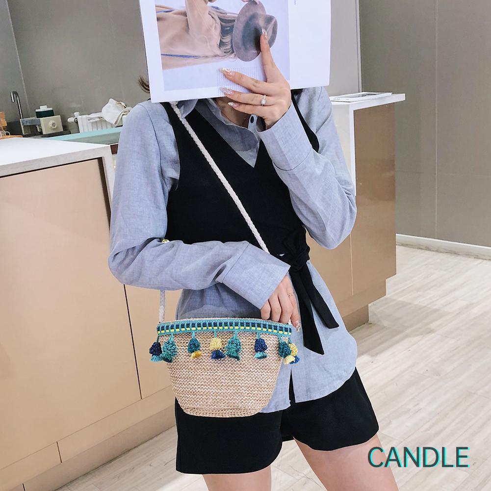 Túi Cói Đeo Chéo Phối Tua Rua Thời Trang Cho Nữ