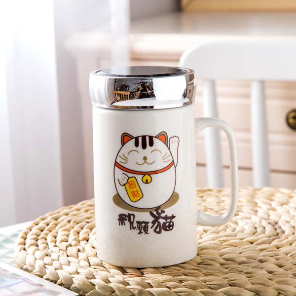 Ly sứ giữ nhiệt mèo thần tài Nắp tráng gương