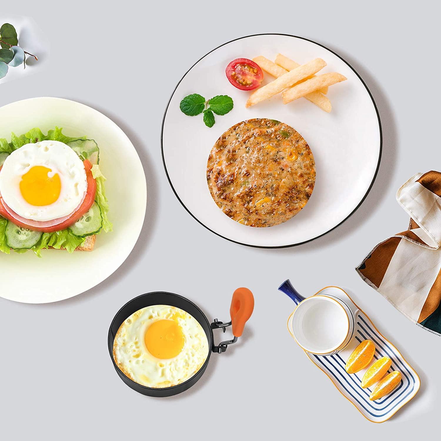4 miếng khung trứng hình vòng trứng, vòng trứng bằng thép không gỉ, vòng trứng tròn vòng trứng không dính, gấp tay cầm hình trứng ốp la để nấu món bánh pancakes trứng rán, cho chảo rán, 4pcs