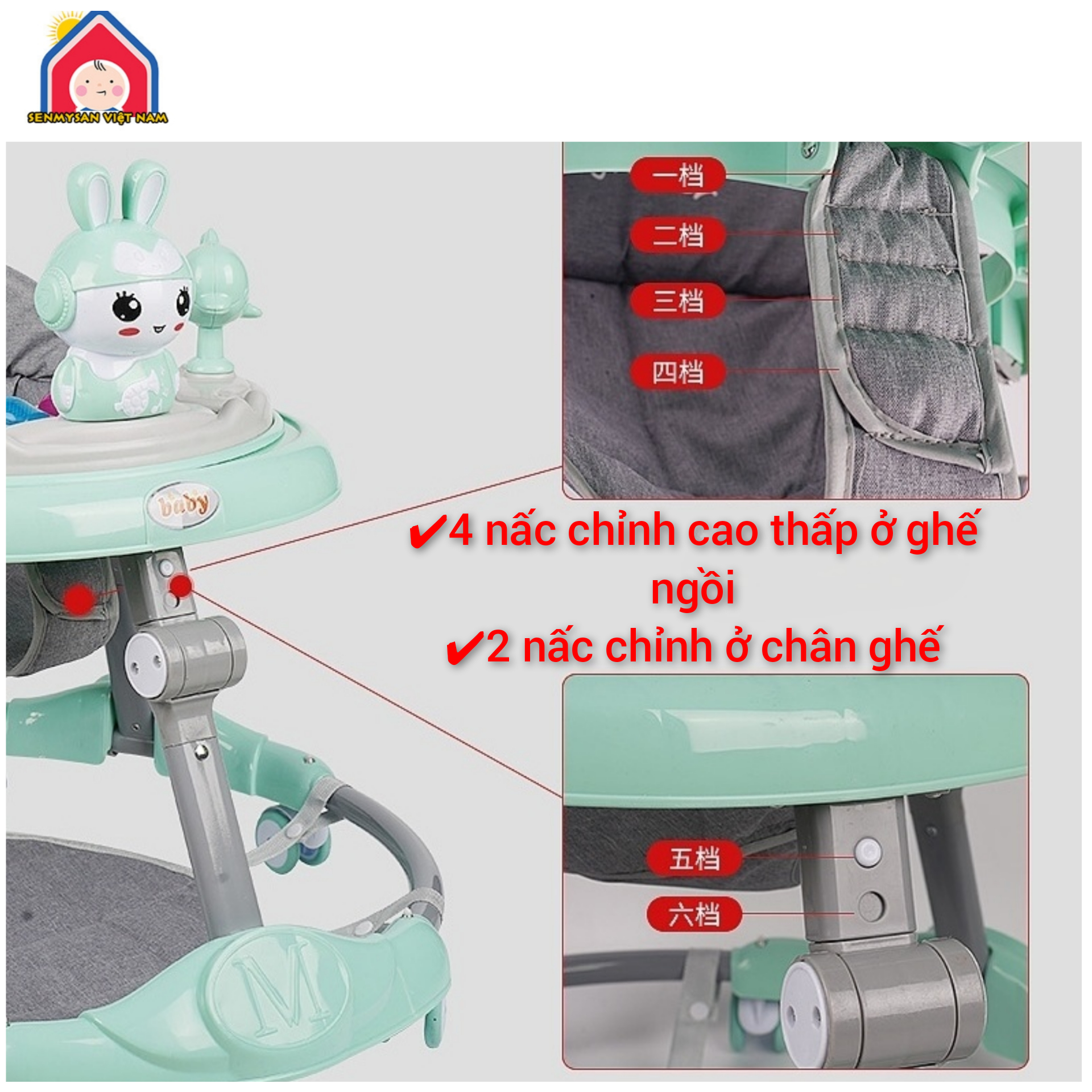 xe chạy tròn tập đi cho bé có tay đẩy+bàn nhạc tích hợp làm bàn ăn+6 nấc chỉnh cao thấp