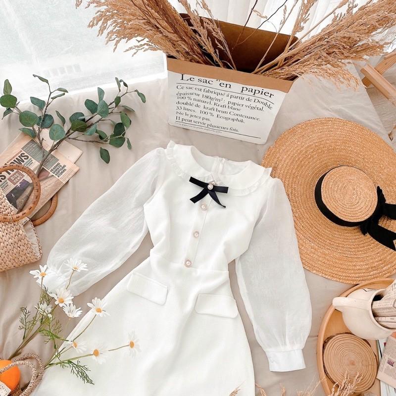 Đầm trắng tag nơ cổ tay xốp 2 lớp