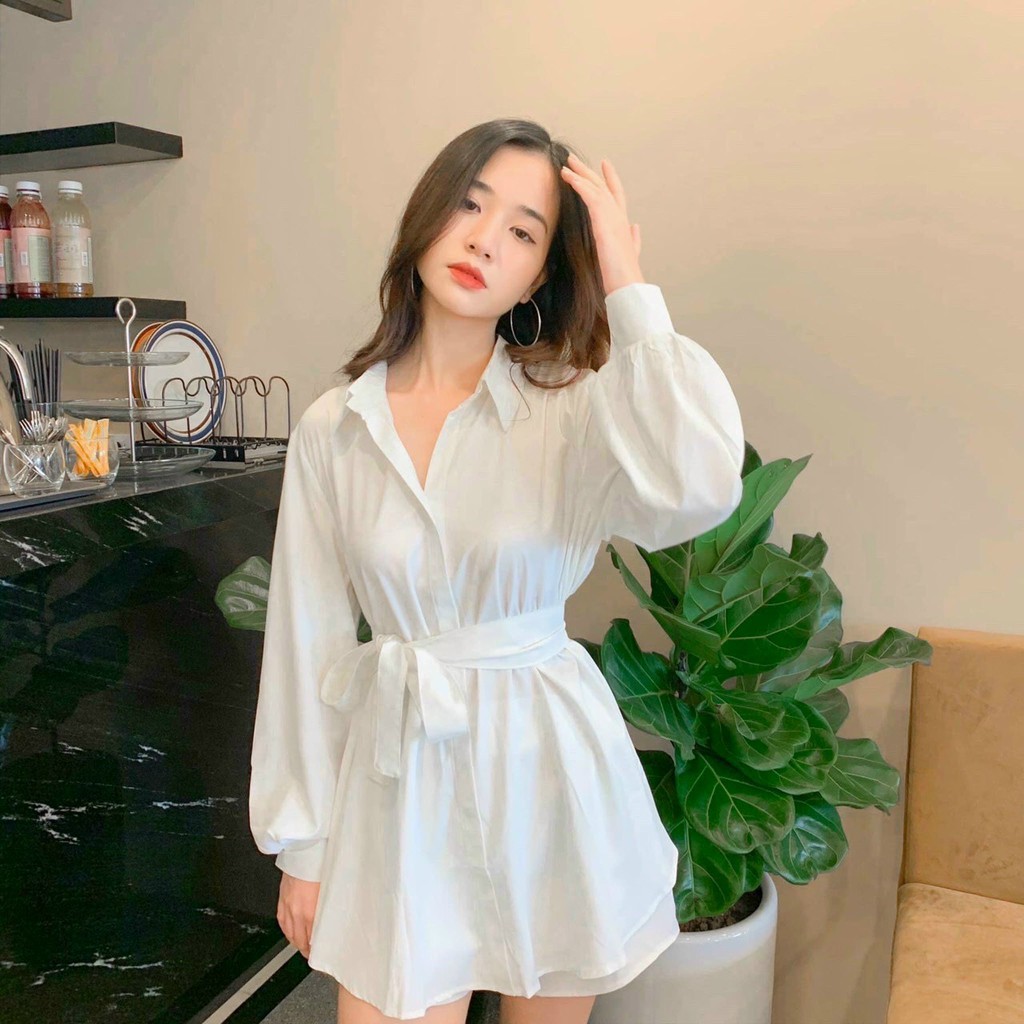 Set đồ nữ sang chảnh, bộ đồ nữ áo sơ mi dài dây eo kèm quần 2 màu basic