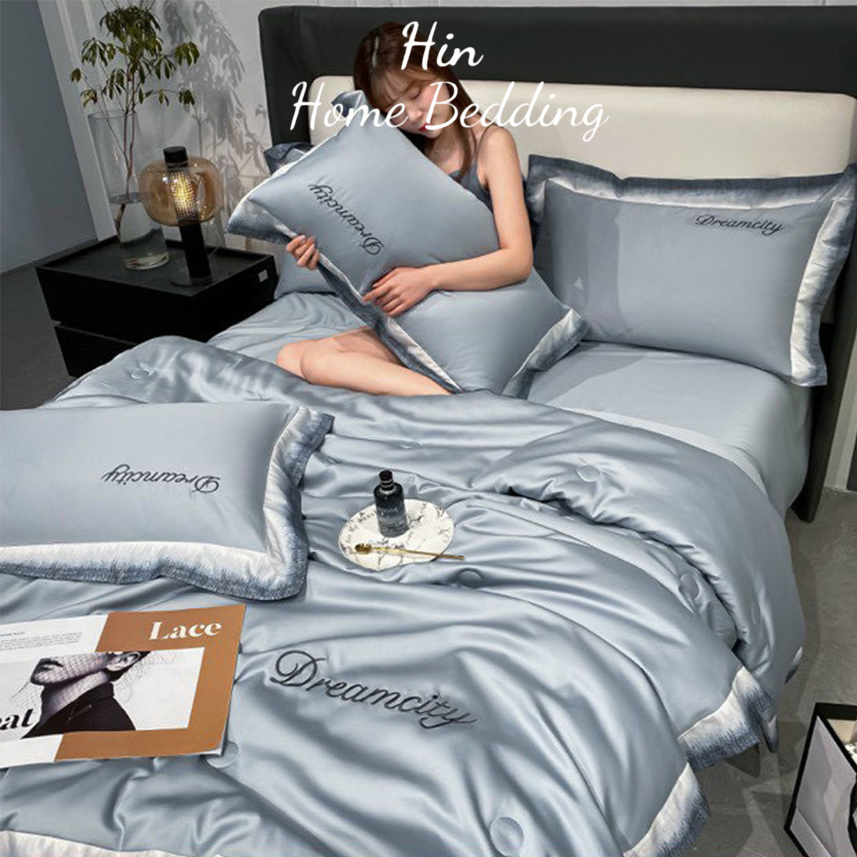Bộ Chăn Ga Gối Đệm 5 Món Chăn Phao Lụa Thái Hin Home Bedding Mẫu Xanh Nhạt