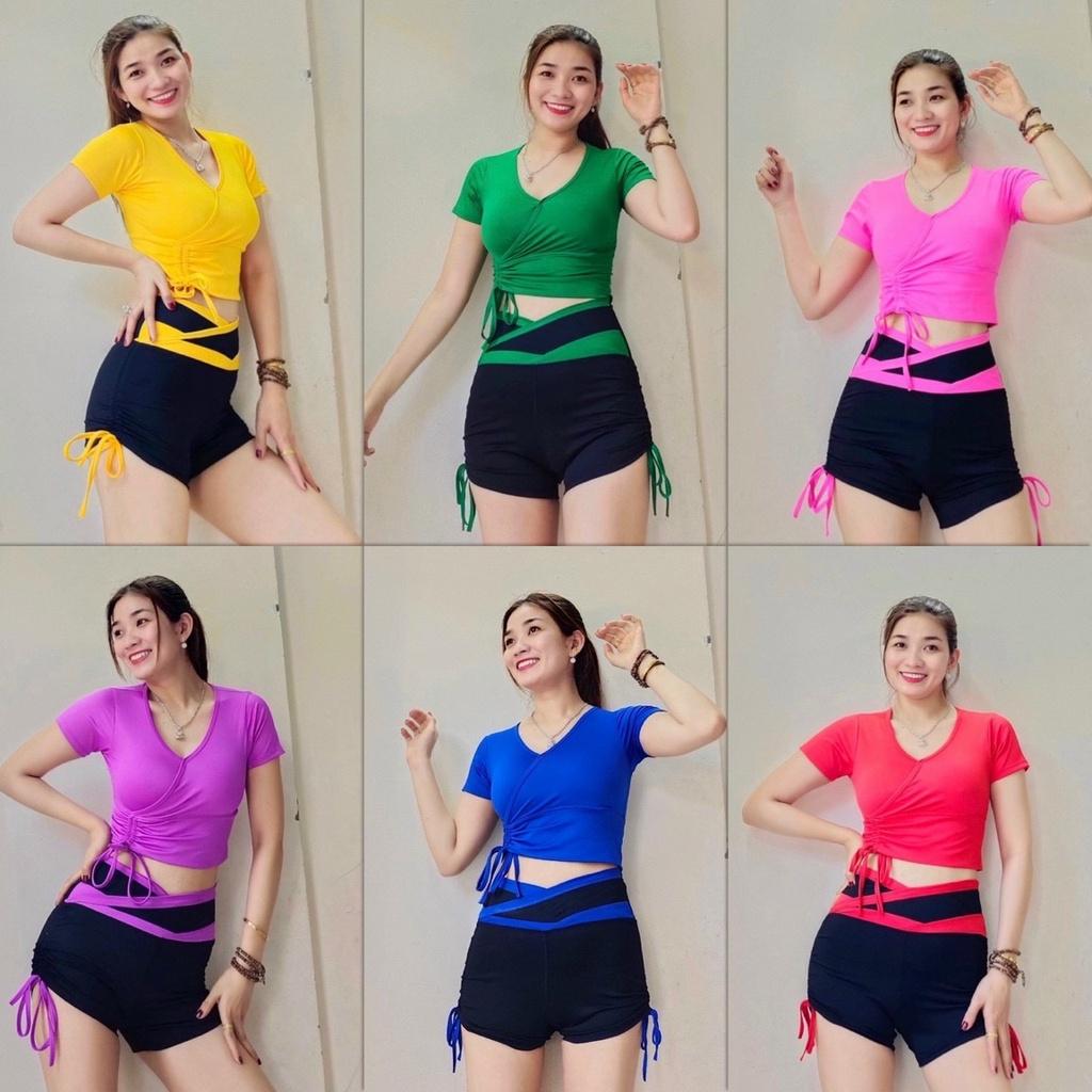 Bộ Đồ Tập Thể Thao Nữ Áo Croptop Rút Chéo Quần Đùi Short Nhiều Màu Thun Lạnh Cao Cấp