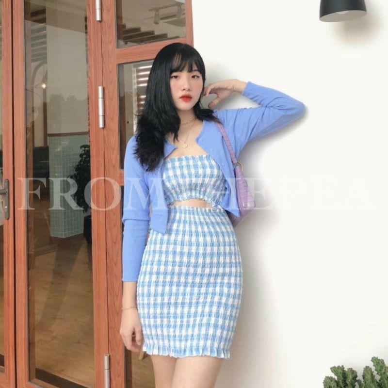 ĐẦM ỐNG CARO XANH NHÚN CHUN và ÁO KHOÁC