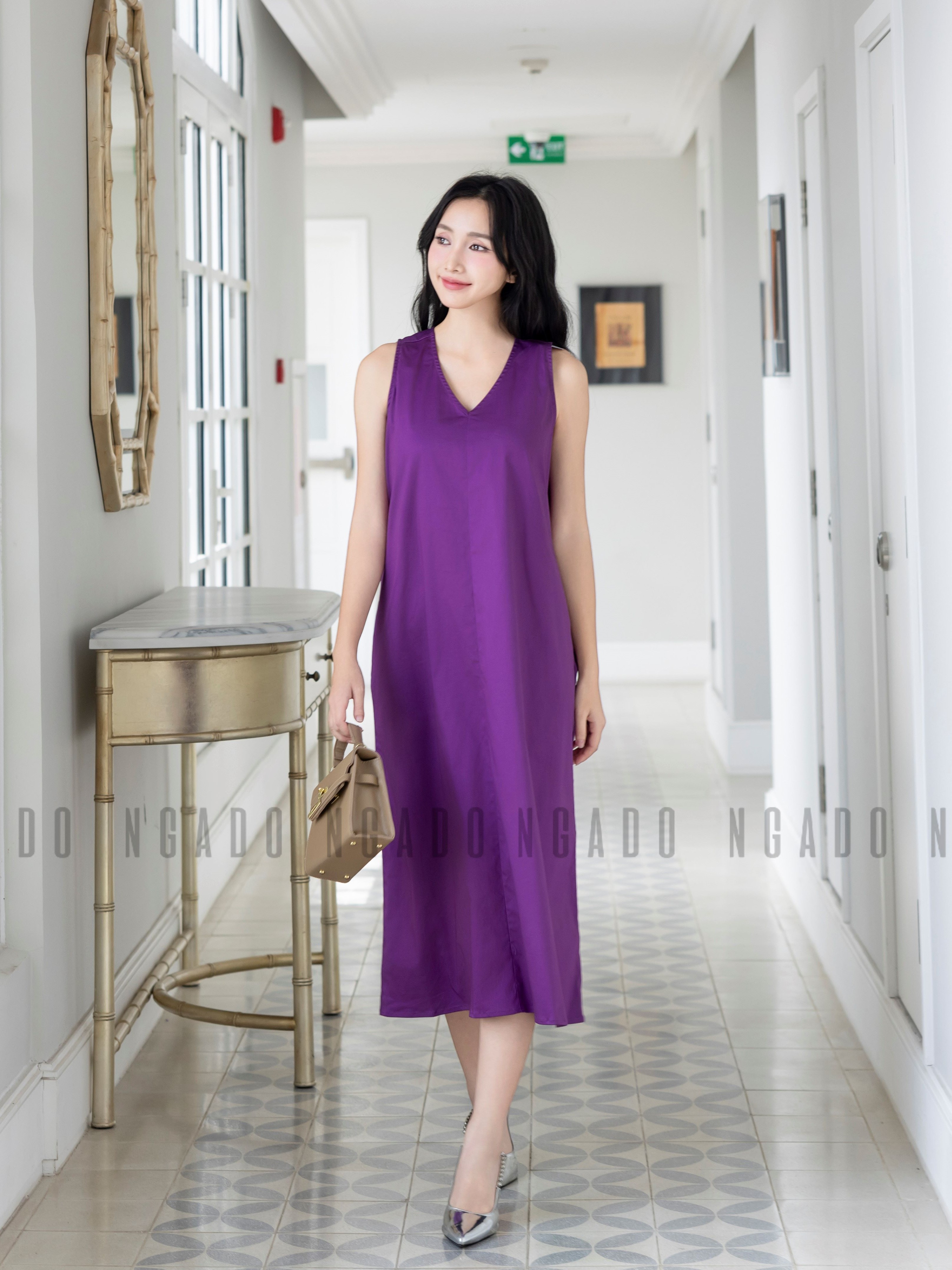 Đầm tím cổ tim NGADO , đầm nữ , Đầm suông , Đầm thiết kế
