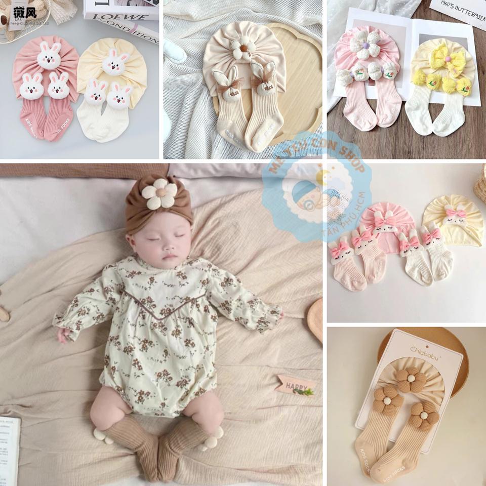 Set Mũ Nón Turban Kèm Vớ Cao Cổ Có Chống Trượt Đính Hình Dễ Thương Cho Bé Gái - Chicbaby
