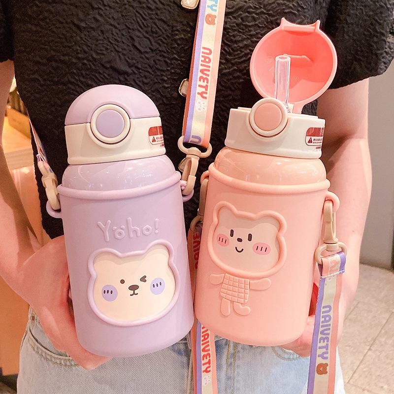 Mới Hoạt Hình Dễ Thương Gấu Giữ Nhiệt Bình Nước Có Ống Hút Dây Đeo Trẻ Em Bình Giữ Nhiệt Chân Không Thép Không Gỉ Trà Ly Bé Trường Nữ Sinh chai