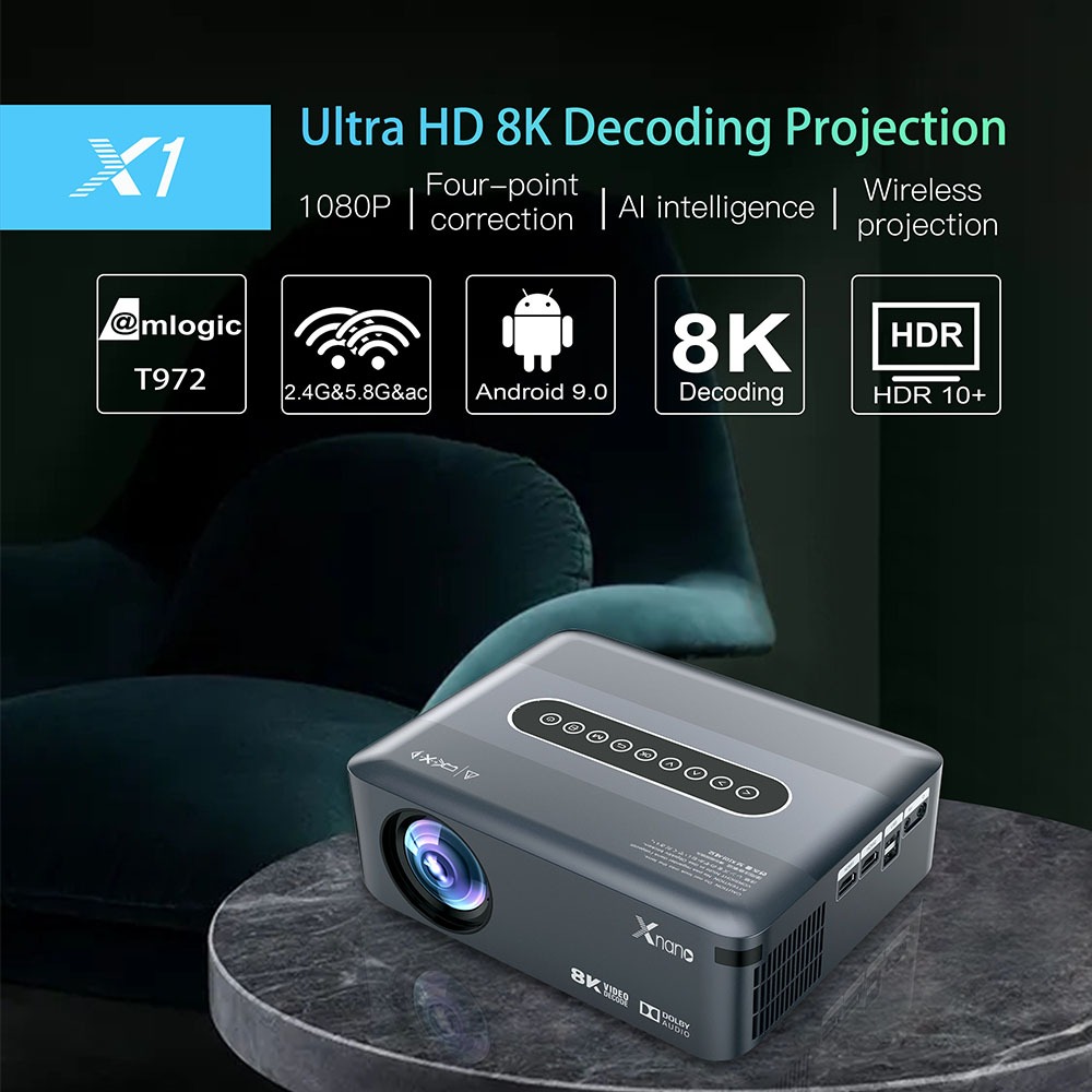 Android tivi box kiêm máy chiếu có điều khiển giọng nói tiếng việt, Bluetooth, loa có trình chiếu màng hình điện thoại, Wifi kép 2 băng tần, cài sẵn ứng dụng tivi cáp và giải trí