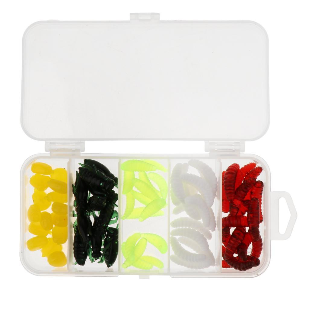 70pcs Soft Fishing Lures Set Grub Worm, Insects, Corn Niblet, Artificial Bait with Small Box