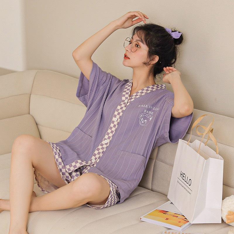 Bộ Ngủ Cộc Tay Quần Sooc Cotton- Đồ Ngủ Cổ V Cài Khuy Mềm Mại Hàng Loại Đẹp