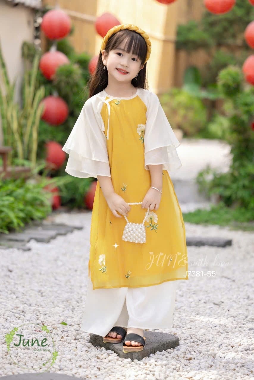 Áo dài tết cho bé gái mẫu Phú quý tay phồng xinh xắn từ 10-40kg hàng thiết kế cao cấp (kèm cài)