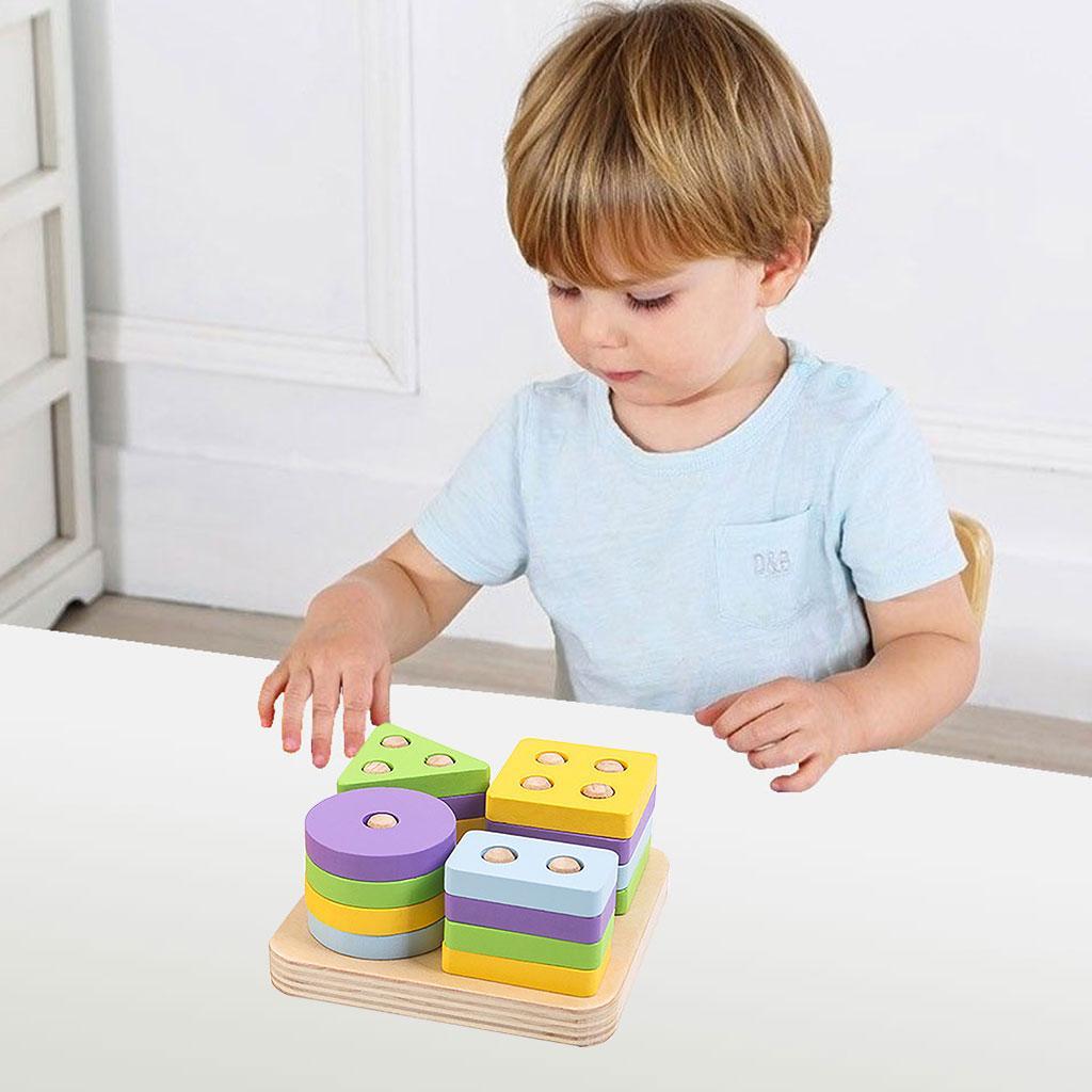 Wooden Shape Matching Stacking Toys Blocks Sensory Learning Toys for Kids A