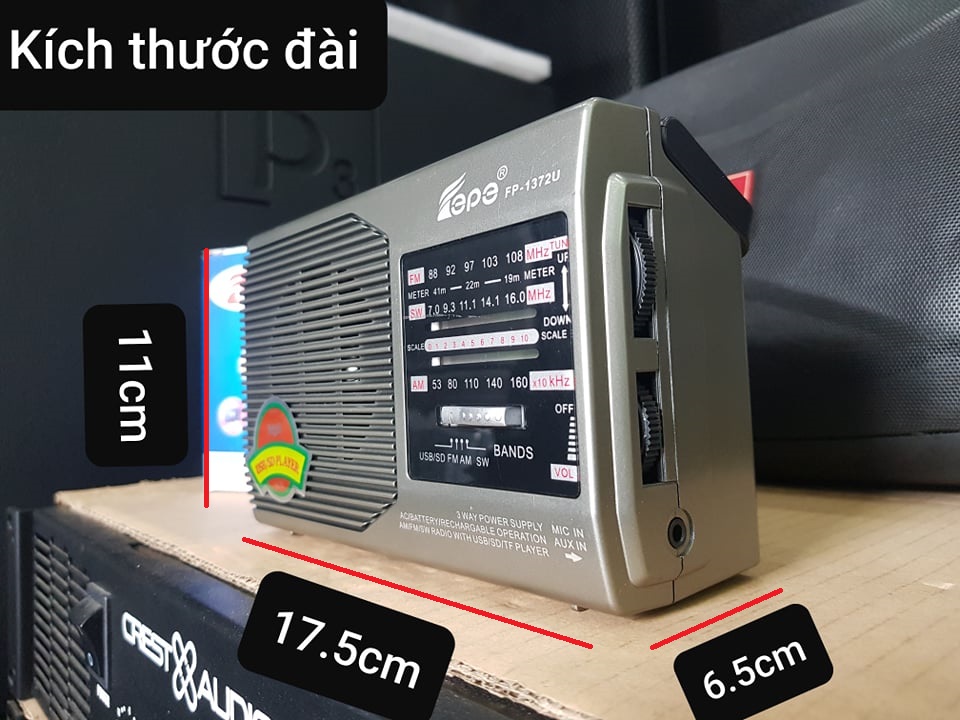 Đài Radio Fepe FP-1372U: Đài sạc pin. Thu sóng 3 kênh FM,AM,SW. Có cổng SD, USB, Thẻ nhớ