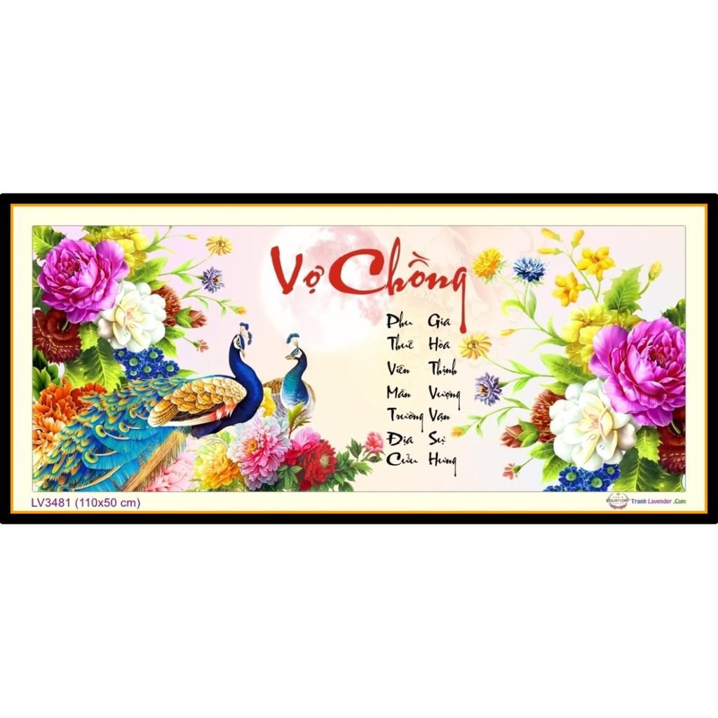 Tranh thêu vợ chồng công hoa mẫu đơn LV3481 - kích thước: 110 * 50cm.