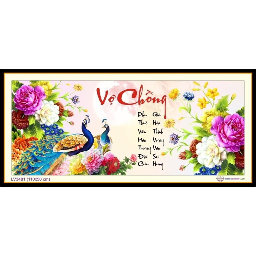 Tranh thêu vợ chồng công hoa mẫu đơn LV3481 - kích thước: 110 * 50cm. (TRANH CHƯA LÀM)