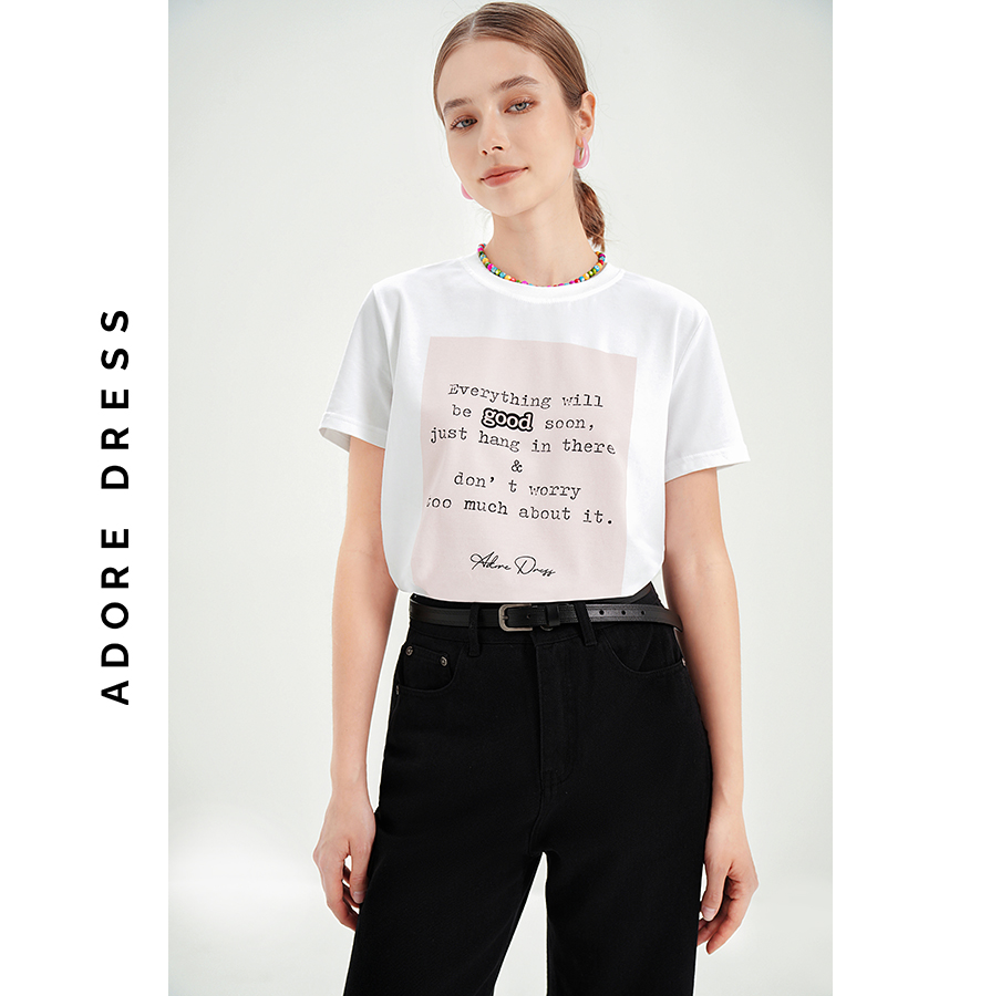 Áo phông graphic T-shirts cotton trắng graphic design good soon 311TS2008 ADORE DRESS
