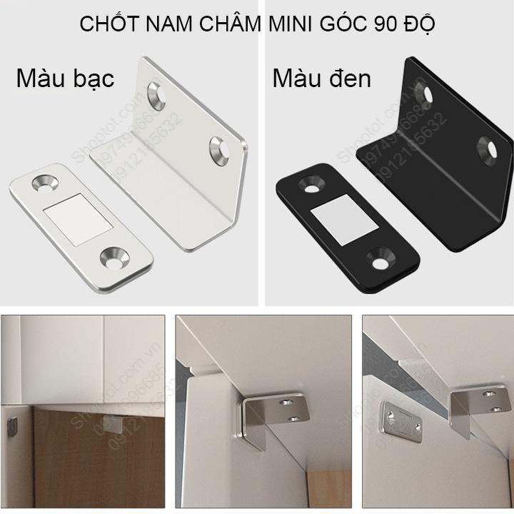 Chốt nam châm mini loại góc 90 độ lắp cho cánh cửa tủ, ngăn kéo bàn, có băng dính 2 mặt và vít kèm theo