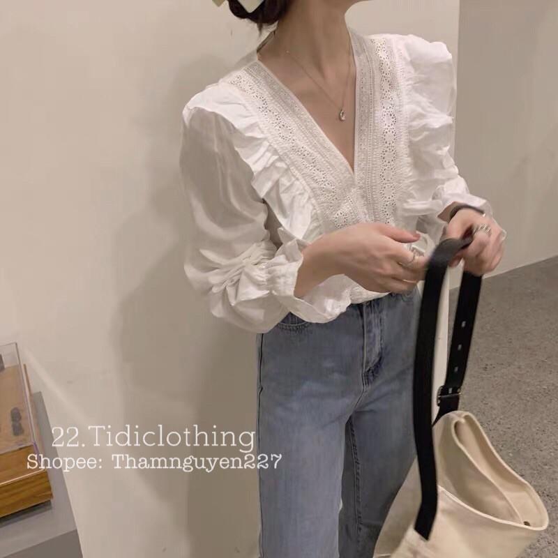 Áo sơ mi cổ V phối ren Hàn Quốc _ sơ mi ulzzang tay dài chất đẹp