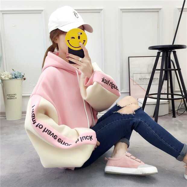 (40-58kg) Áo hoodie nữ chất nỉ bông mỏng viền tay. Ảnh thật treo sào