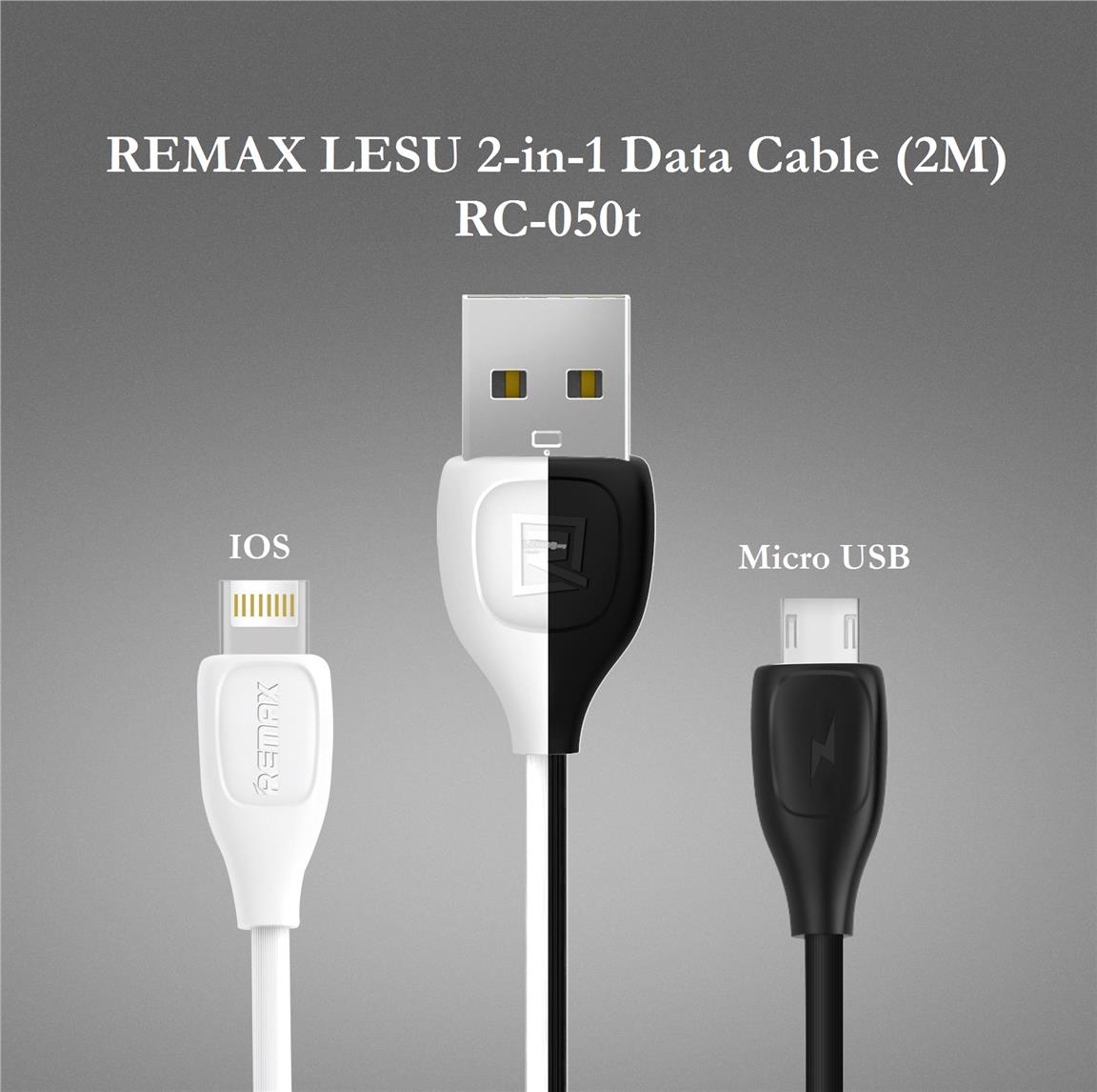 Cáp sạc remax RC-050t - 2M - 2 ĐẦU Lightning  và micro USB - hàng chinh hãng (trắng )