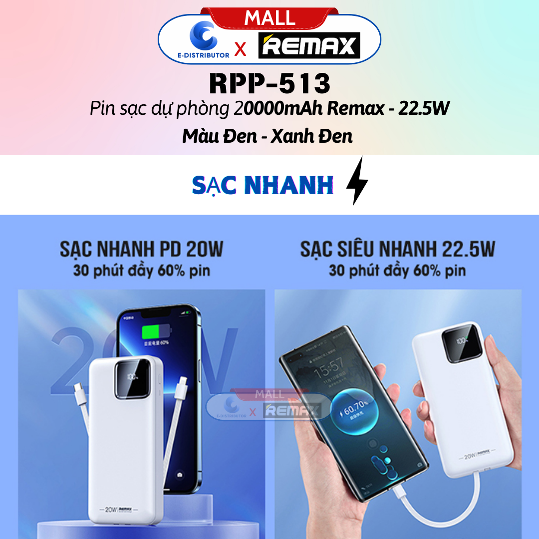 Pin sạc dự phòng kèm cáp 20000mAh 22.5W Remax RPP-513 - Hàng Chính Hãng - Bảo Hành 12 Tháng