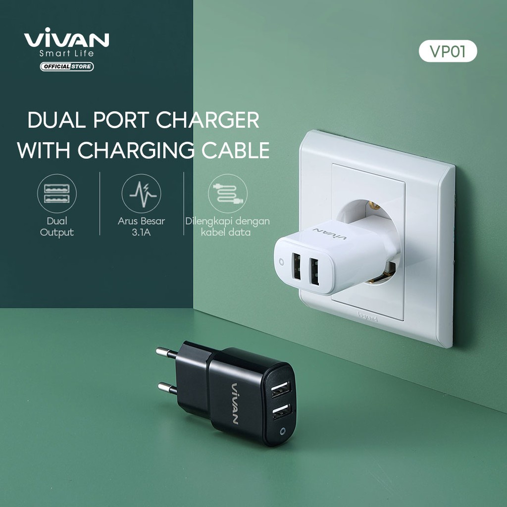 Cốc Sạc 2 cổng USB Kèm Cáp Micro VIVAN VP01 - HÀNG CHÍNH HÃNG