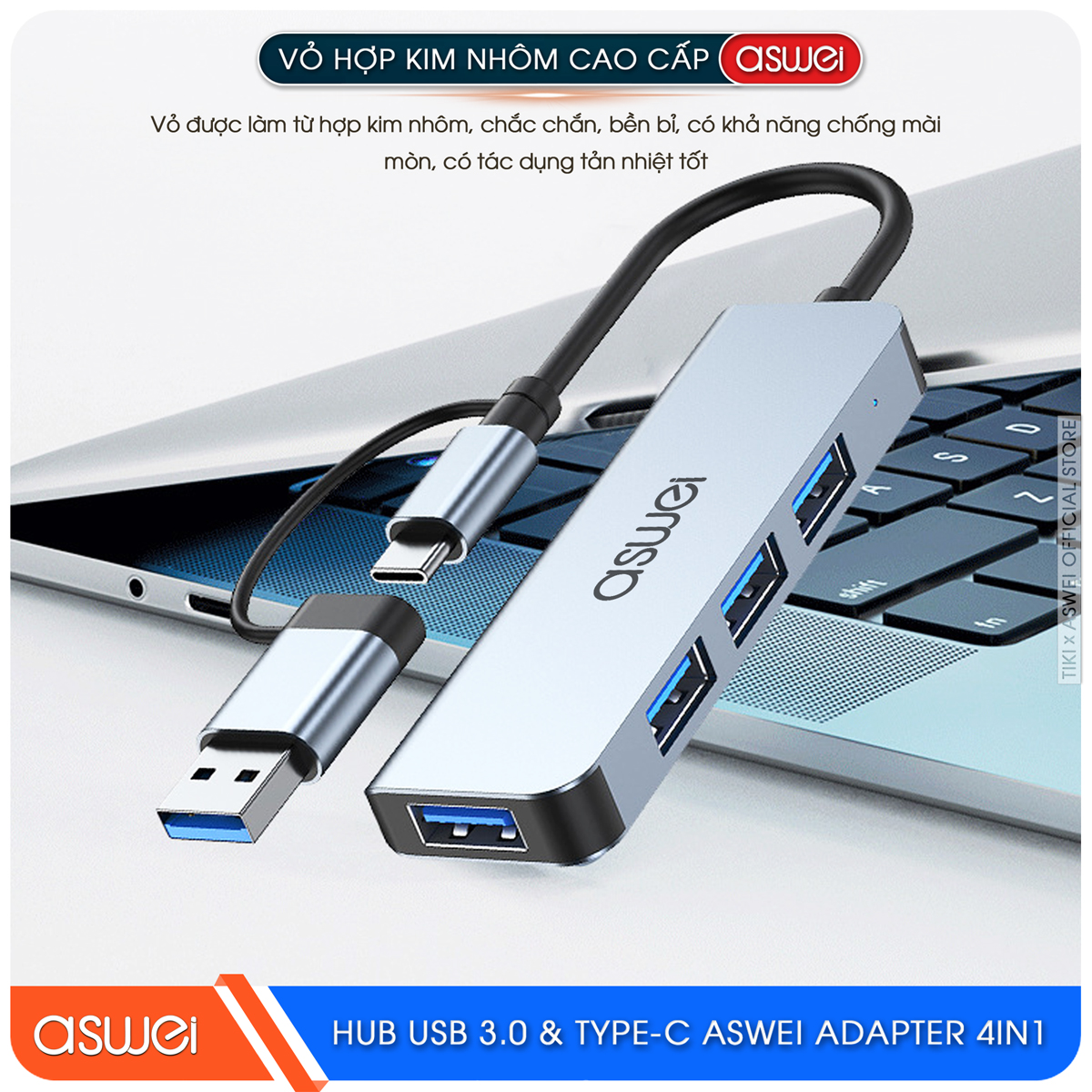 Hub USB 3.0 Và Hub Type C ASWEI 4 in 1 To 4 USB 3.0 - Hàng Chính Hãng