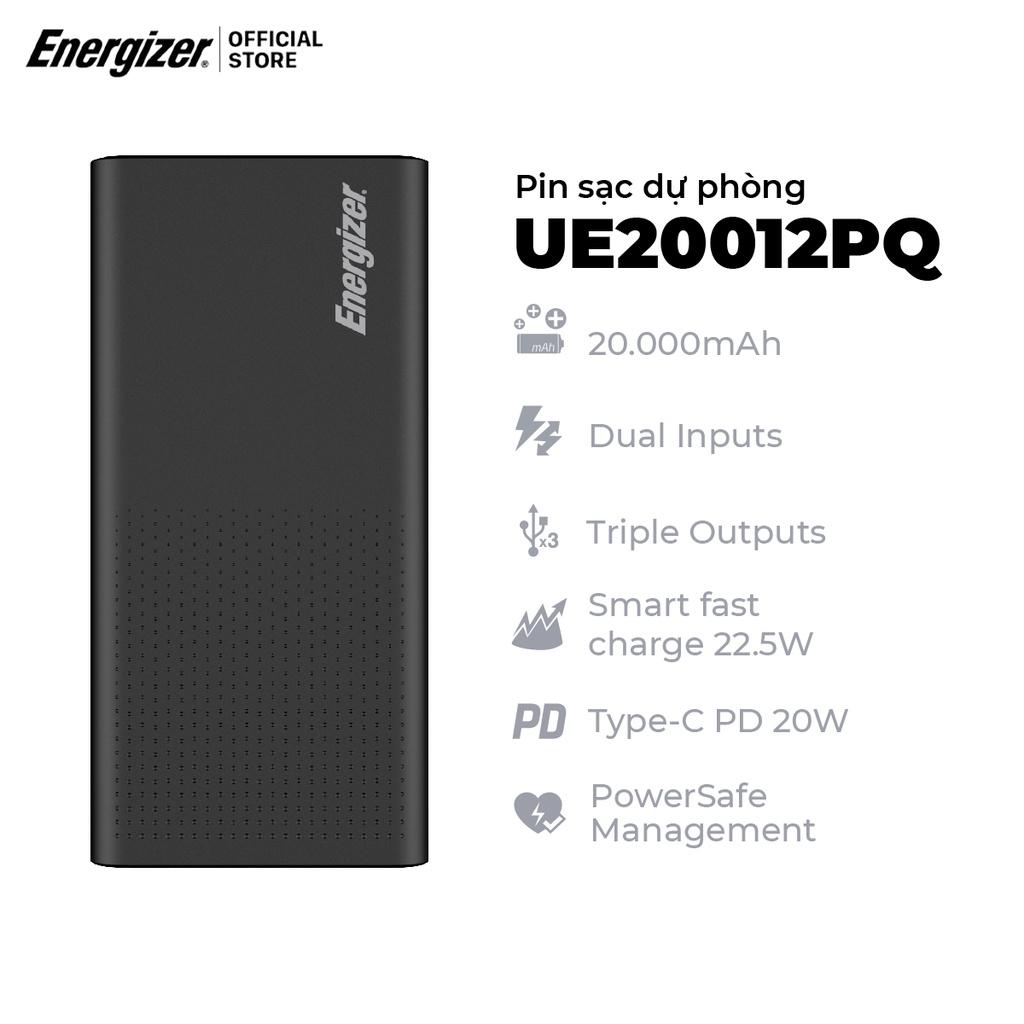 Pin dự phòng Energizer 20000mAh UE20012PQ - tích hợp sạc nhanh 2 chiều, 3 cổng sạc ra tiện lợi - Hàng chính hãng