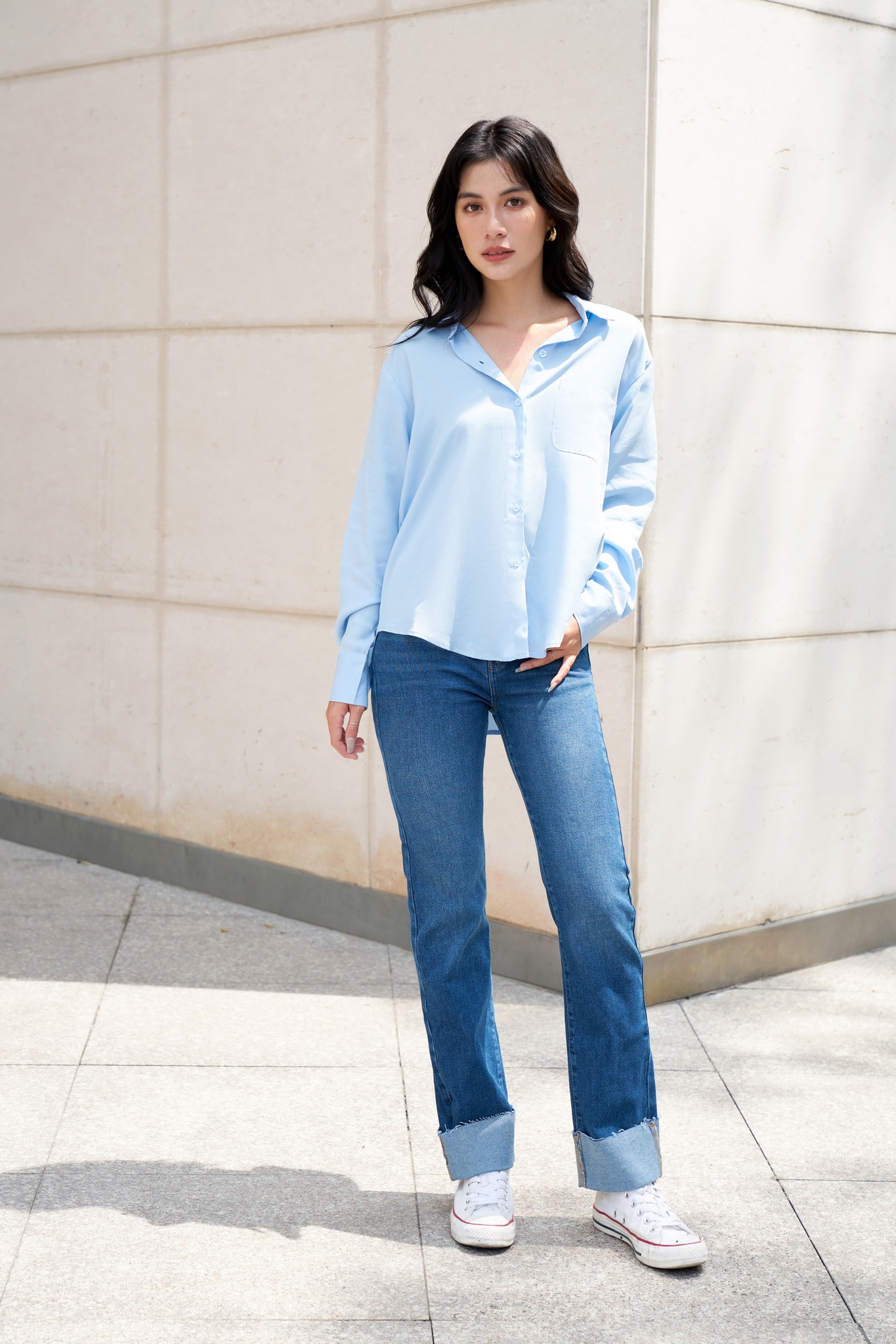 OLV - Áo Basic Button Blouse In Blue