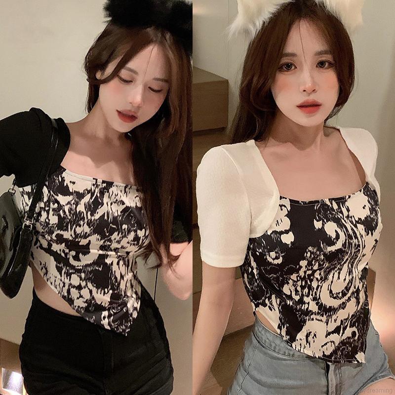 Áo Thun Tay Ngắn Cổ Vuông Thiết Kế Độc Đáo Cá Tính Cho Nữ