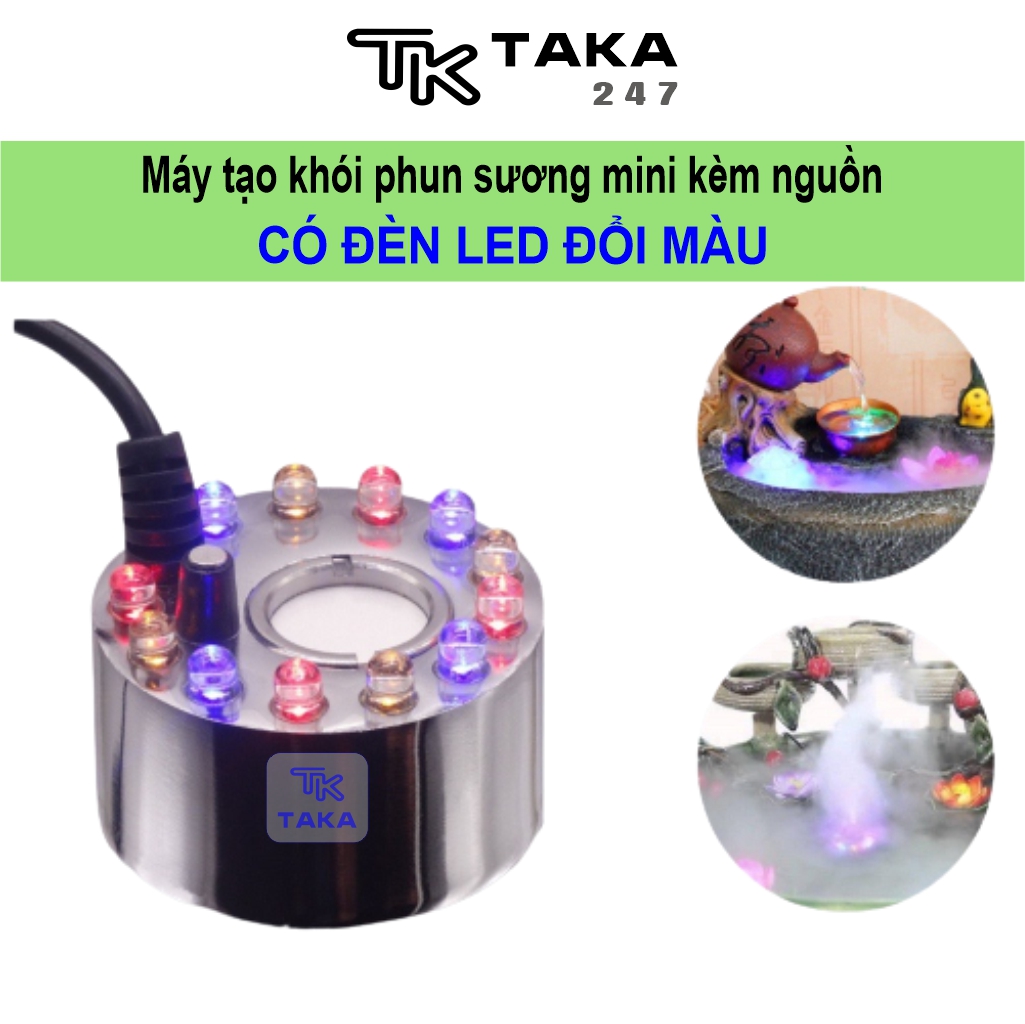 Máy tạo khói bể cá mini phun sương, đèn led đổi màu bằng kim loại chống rỉ trang trí tiểu cảnh, hòn non bộ, thủy sinh