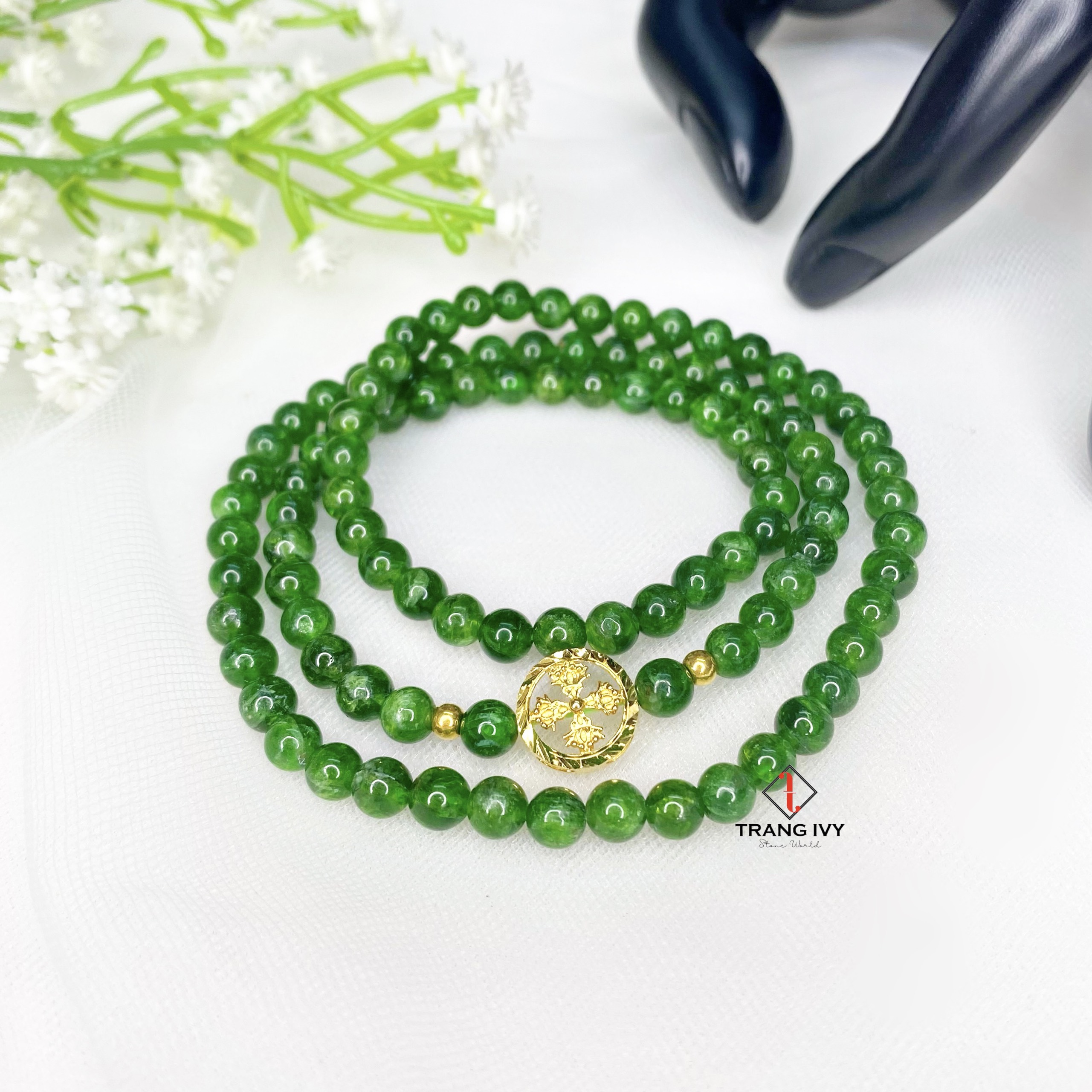 Vòng Tay Đá Diopside Mix Charm Pháp Luân Vàng